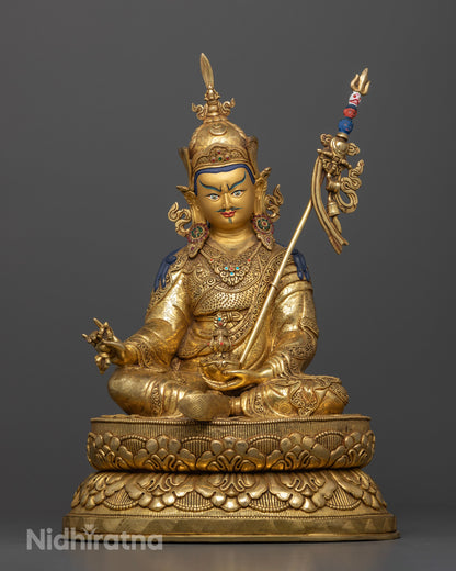 Front view Guru Rinpoche statue with double lotus pedestal, gold-painted face, handcrafted Nepalese copper sculpture