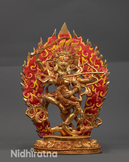 Front view Hand-Carved Dakini Kurukulla Statue with gold-gilded face and lotus seat
