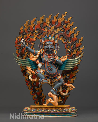 Front view Handcrafted Garuda Statue with copper base and vibrant colors
