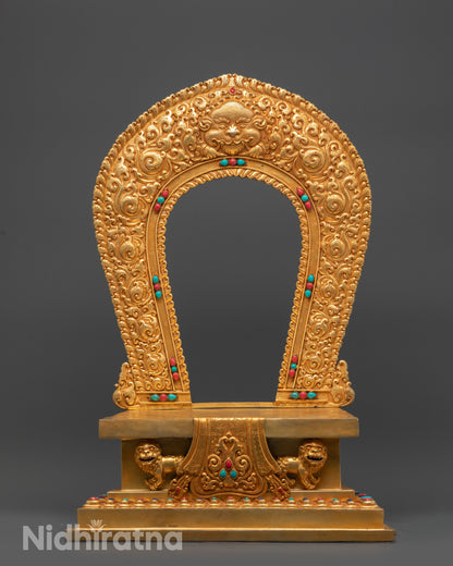 Front view Handcrafted Gold-Gilded Throne with intricate carvings for deity statues
