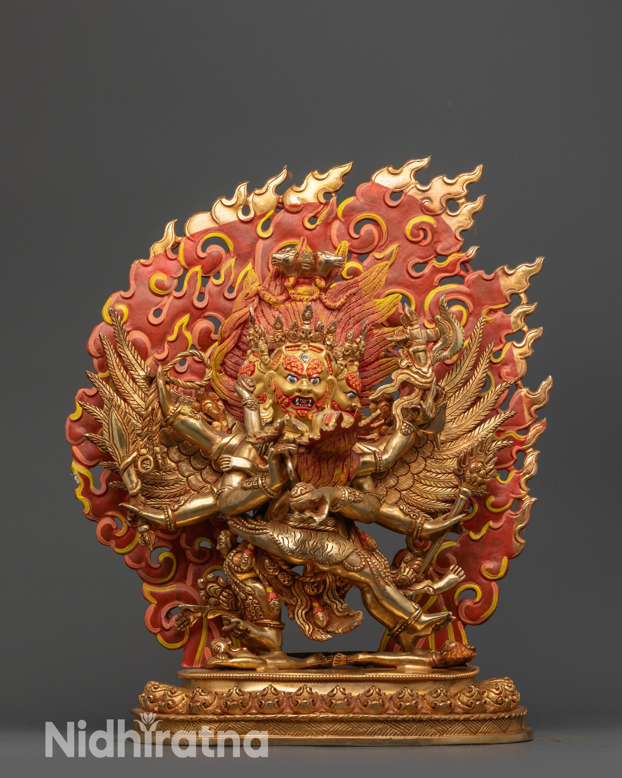 Front view Handcrafted Hayagriva Statue with gold-gilded face and copper alloy body

