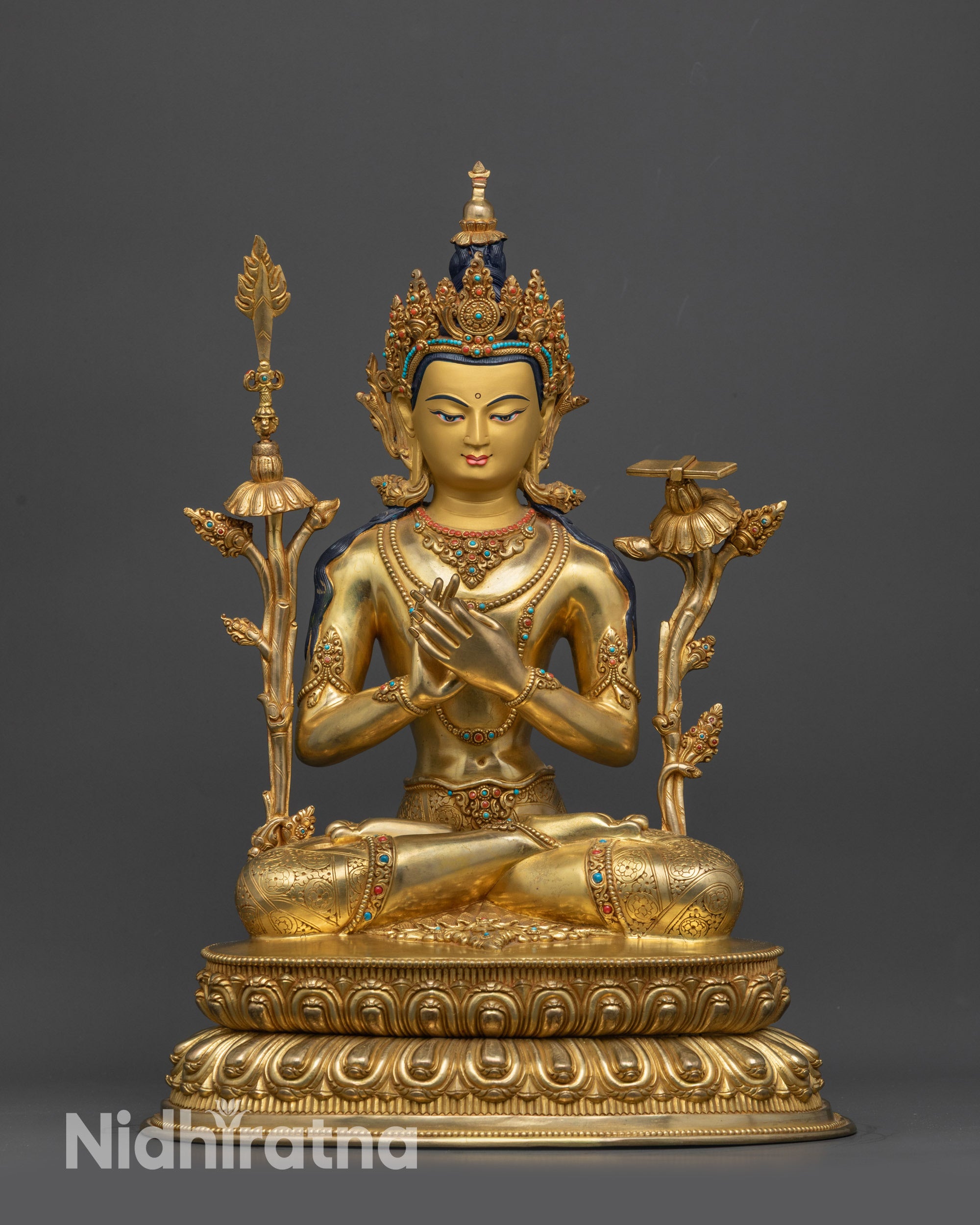 Front view Handcrafted Manjushri Statue with gold-gilded face and five-jeweled crown

