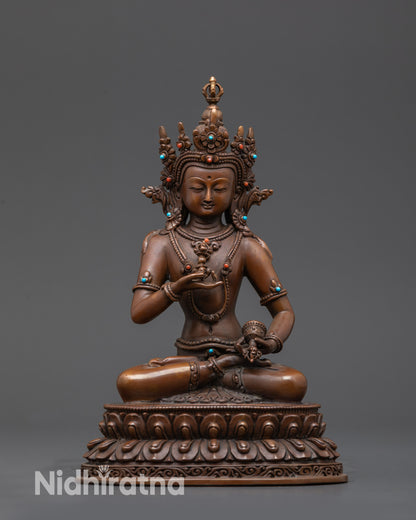 Front view Handcrafted Oxidized Dorje Sempa Statue with lotus seat and semi-precious crown