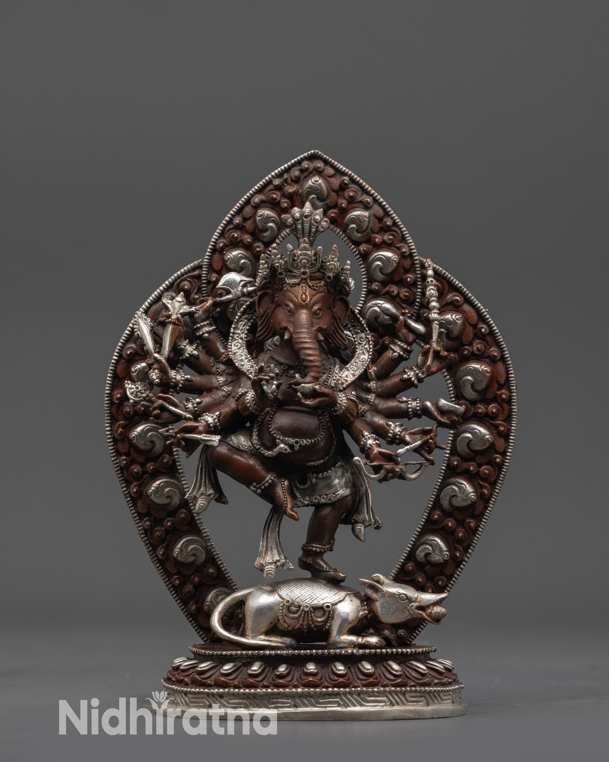 Front view Handcrafted Oxidized Ganesh Murti on lotus seat with silver-plated details