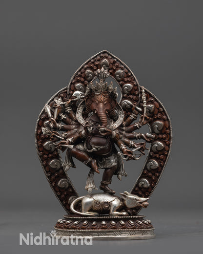Front view Handcrafted Oxidized Ganesh Murti on lotus seat with silver-plated details