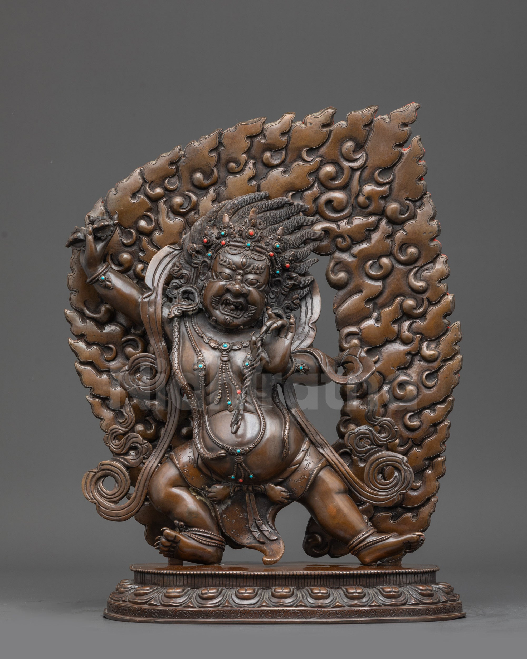 Front view Handcrafted Oxidized Vajrapani Statue standing on lotus seat with halo