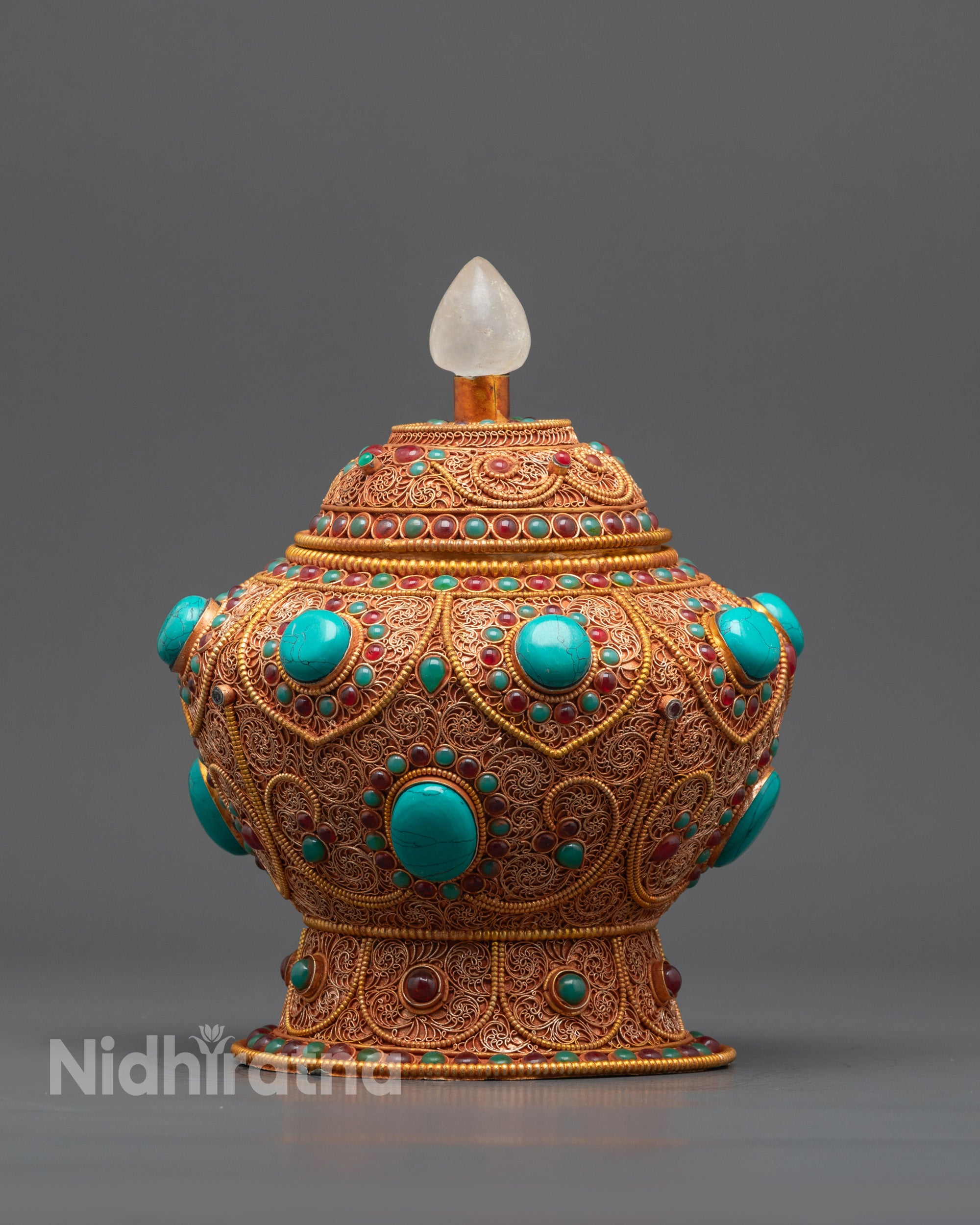 Front view Handcrafted Turquoise Neshi Rice Pot with copper and gold filigree details