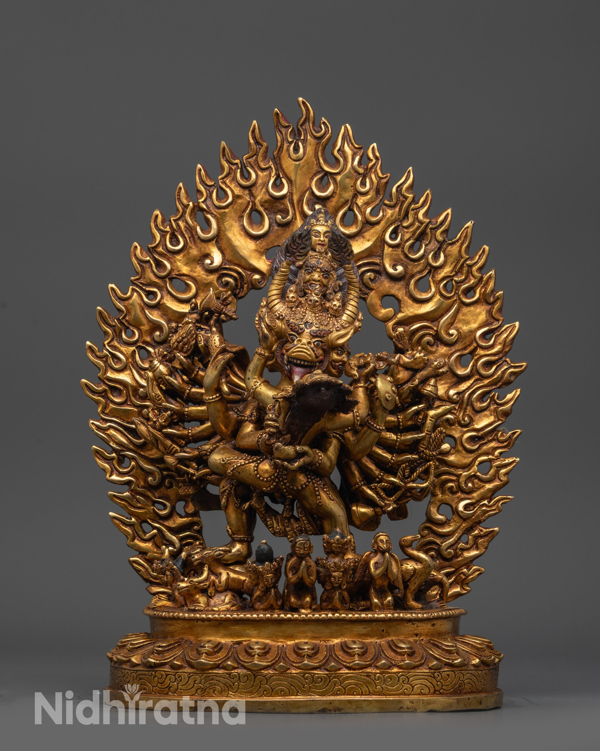 Front view Handcrafted Yamantaka Statue with gold-gilded face on lotus seat
