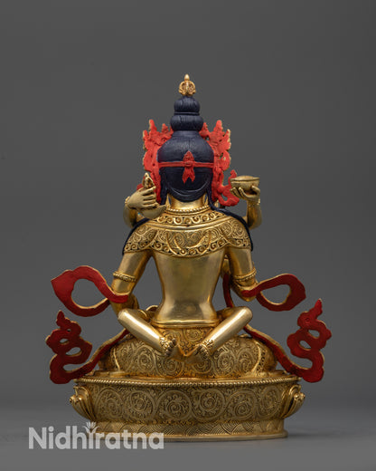 Front view Handmade Dorje Sempa Statue gold-fire gilded Buddhist altar artwork

Close up Dorje Sempa Vajrasattva statue showing five-jeweled crown and intricate patterns

Side view Dorje Sempa statue with swirling robe and detailed lotus seat for meditation

Back view Dorje Sempa statue copper base with gold-fire gilded body and carved patterns
