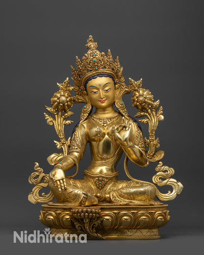 Front view Handmade Green Tara Statue with gold-gilded face and lotus seat details
