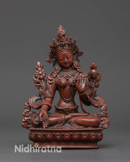 Front view Handmade Sapta Lochani Statue on lotus seat, oxidized copper Tibetan goddess
