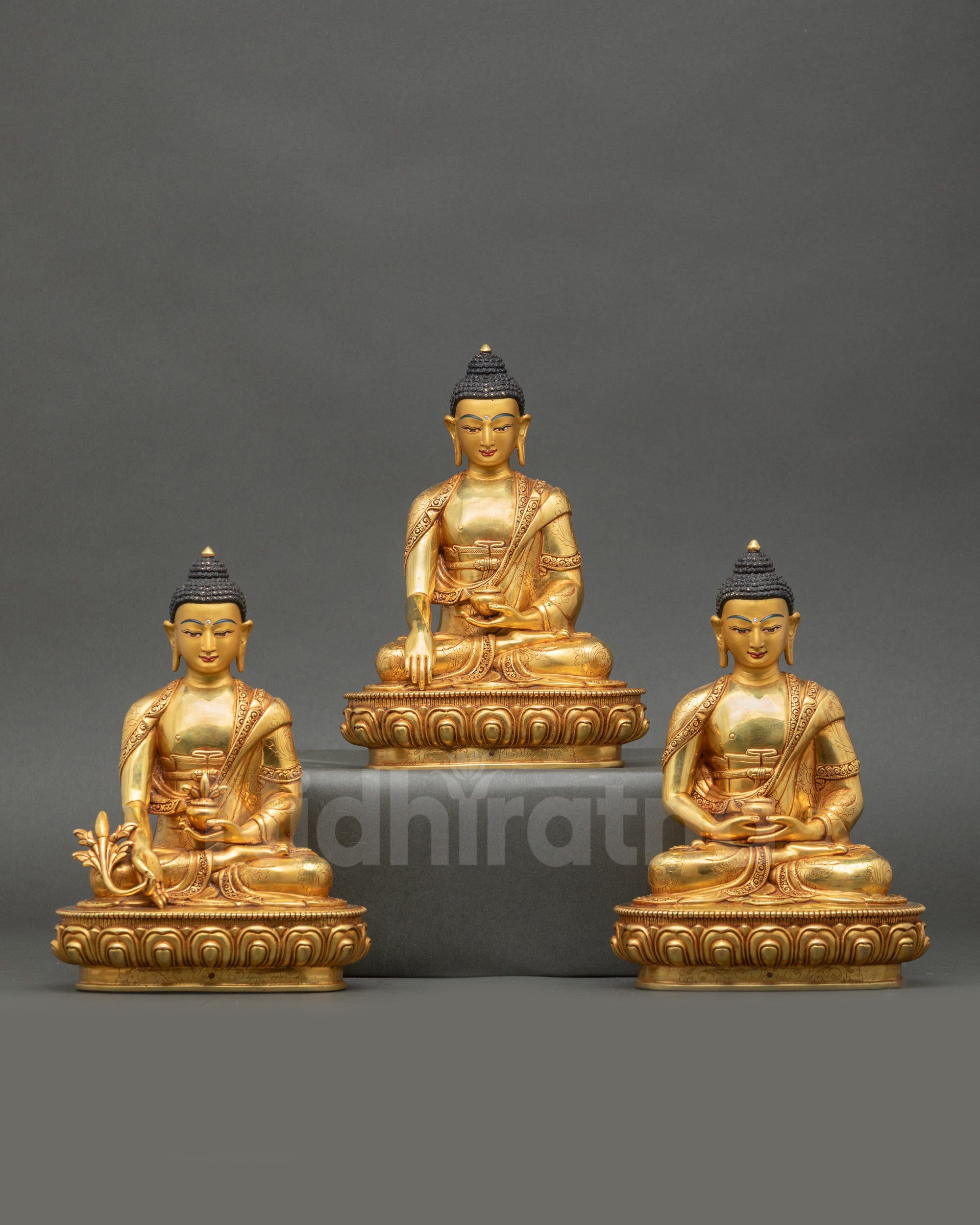 Front view Handmade Three Buddha Set statue Nepalese gold-gilded copper