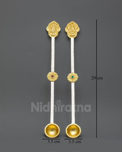 Front view Handmade Tibetan Spoon with Conch Shell engraved handle