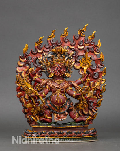 Front view Hayagriva Statue – wrathful deity in red acrylic on lotus throne with flaming halo