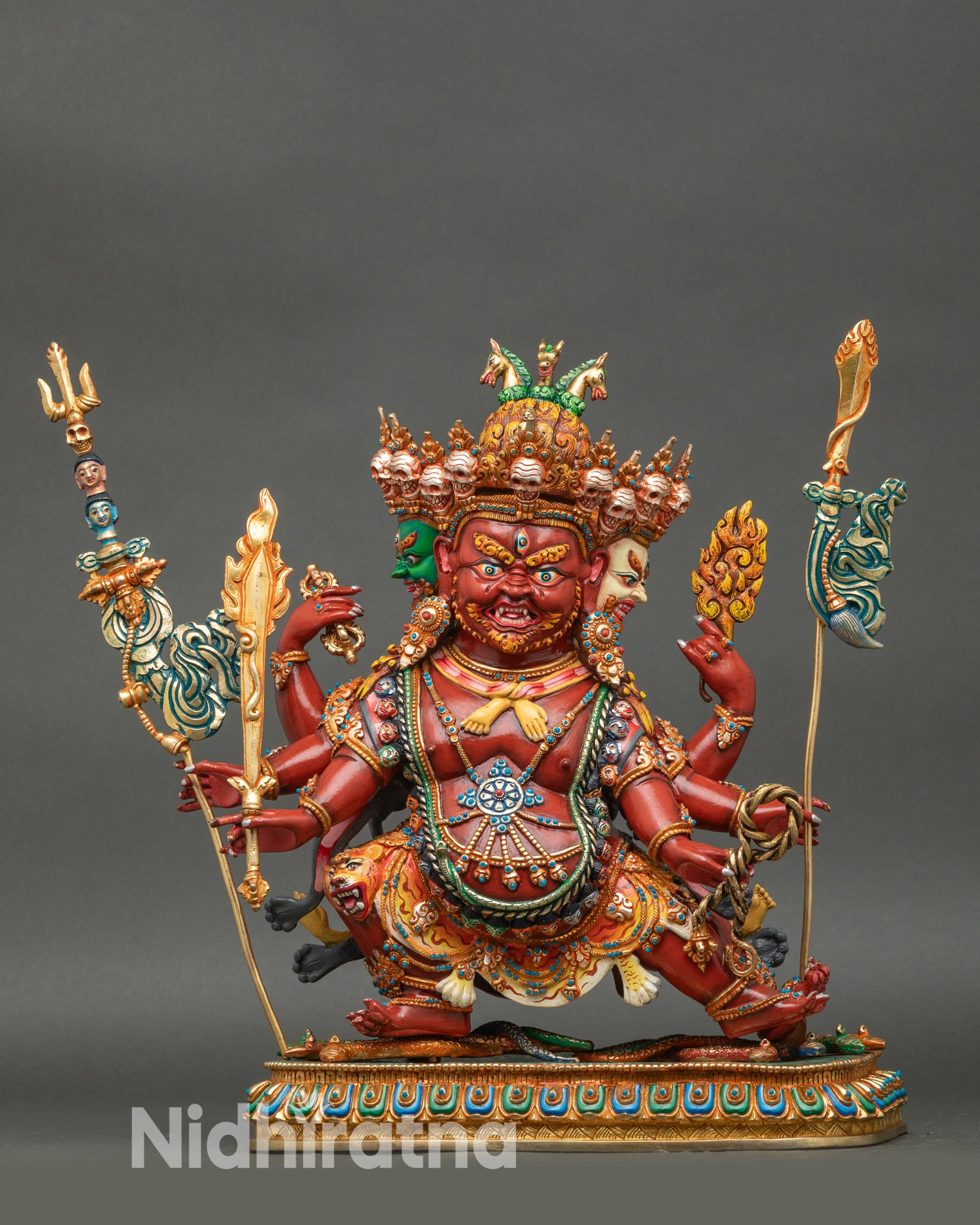 Front view: Hayagriva statue for meditation, handcrafted Nepalese copper with gold gilding