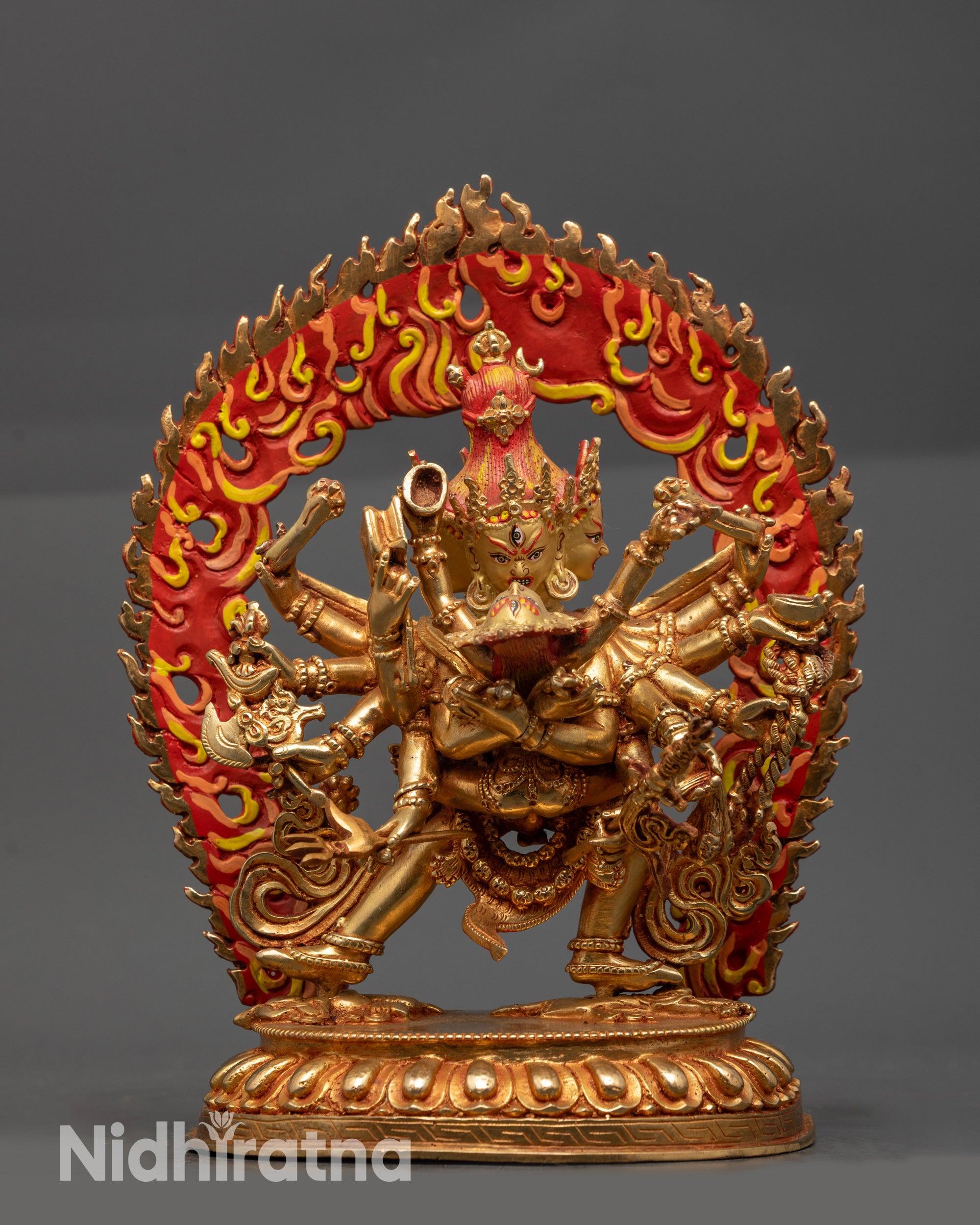 Front view Heruka Chakrasamvara statue with consort on lotus seat gold-fire gilded body
