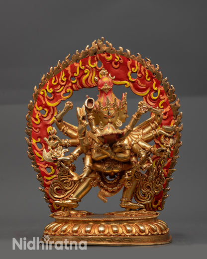 Front view Heruka Chakrasamvara statue with consort on lotus seat gold-fire gilded body
