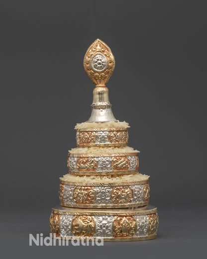 Front view High-Quality Ratna Mandala Offering Set, handcrafted copper with gold filigree for rituals and meditation altars