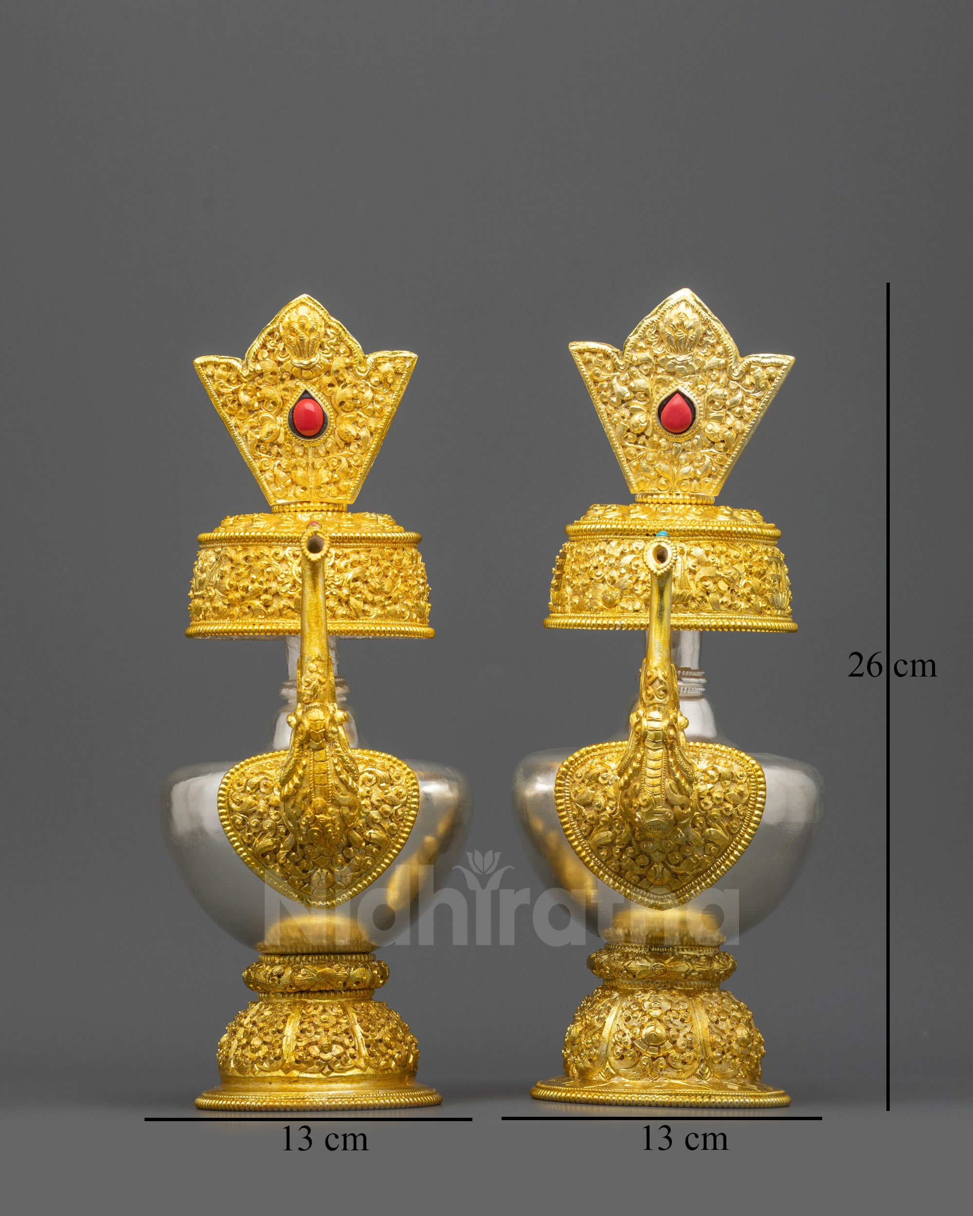 Front view Himalayan Bhumba Offering Vase Pair with gold & silver plating