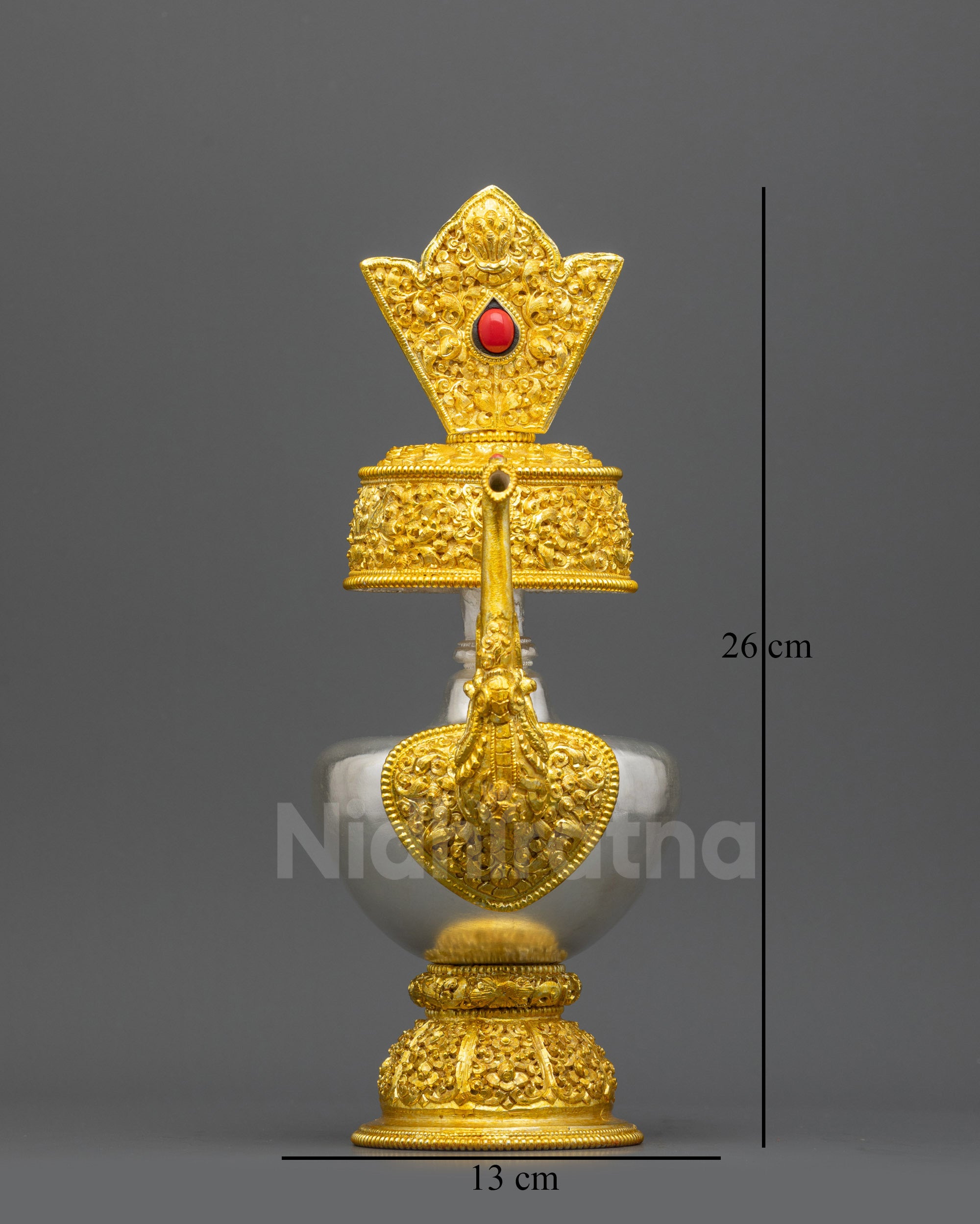 Front view Himalayan Bhumba Offering Vase with gold & silver plating
