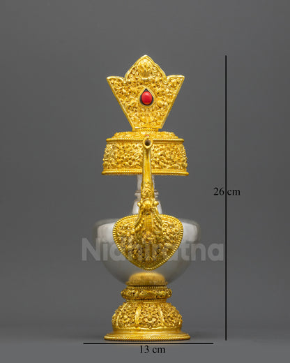 Front view Himalayan Bhumba Offering Vase with gold & silver plating