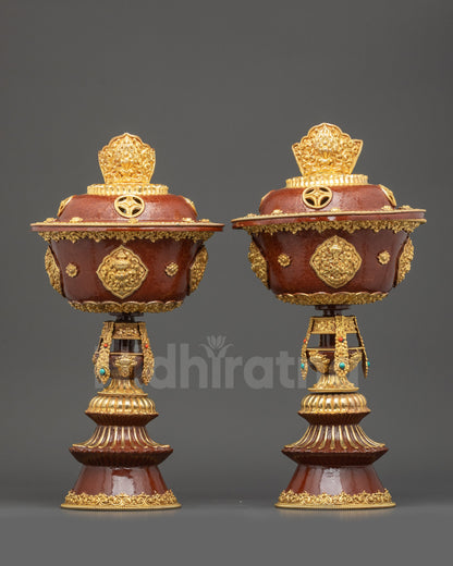 Front view Himalayan Butter Lamp Set handcrafted by Buddhist artisans with gold-plated symbols