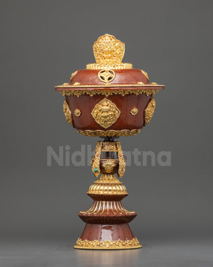 Front view Himalayan Butter Lamp handcrafted by Buddhist artisans with gold-plated finish