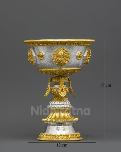 Front view Himalayan Butter Lamp with gold and silver plating for altar use