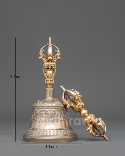 Front view Himalayan Ghanta and Dorja set for Buddhist altar rituals