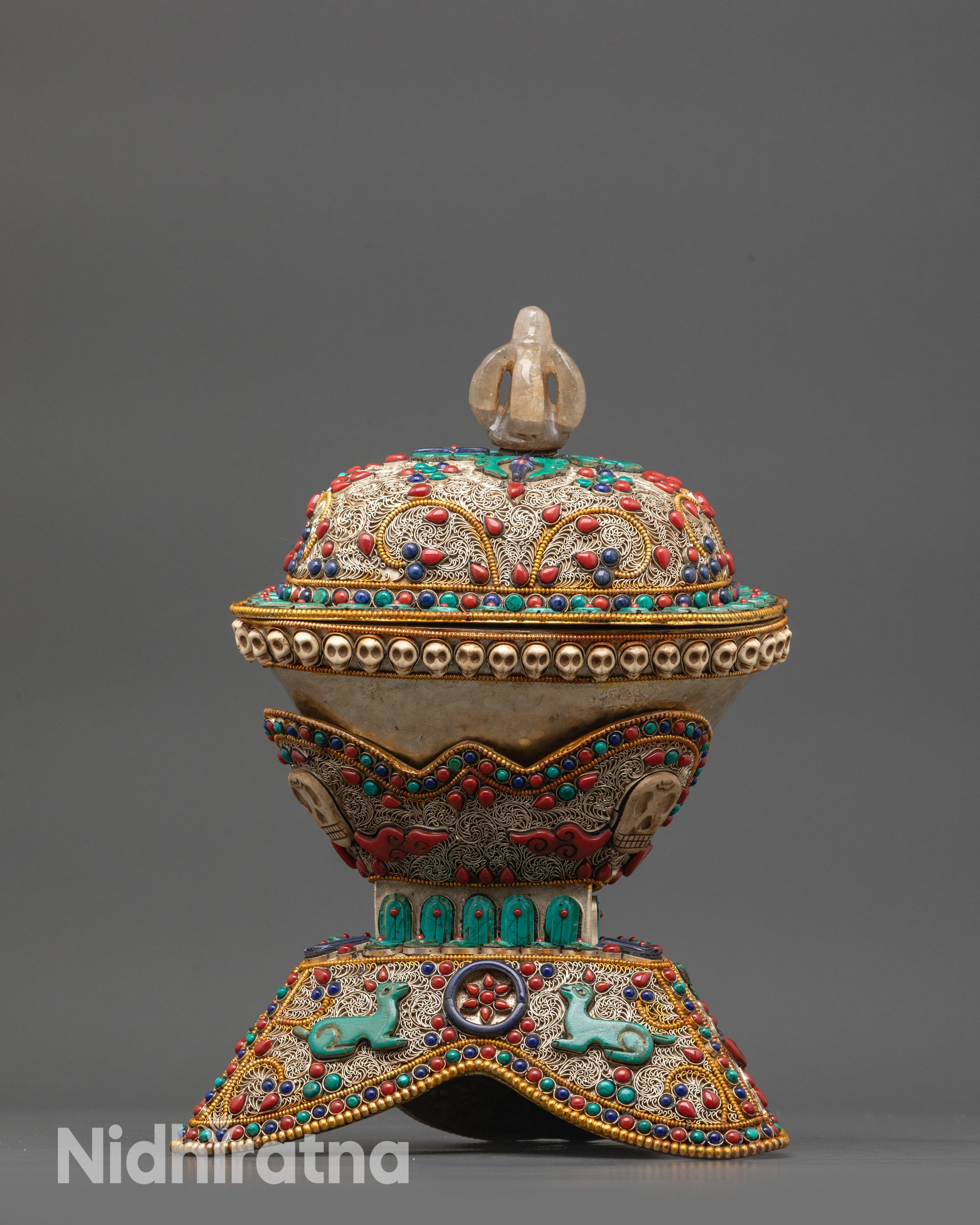Front view Himalayan Kapala Set with silver-plated copper and semi-precious stones
