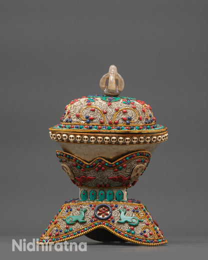 Front view Himalayan Kapala Set with silver-plated copper and semi-precious stones
