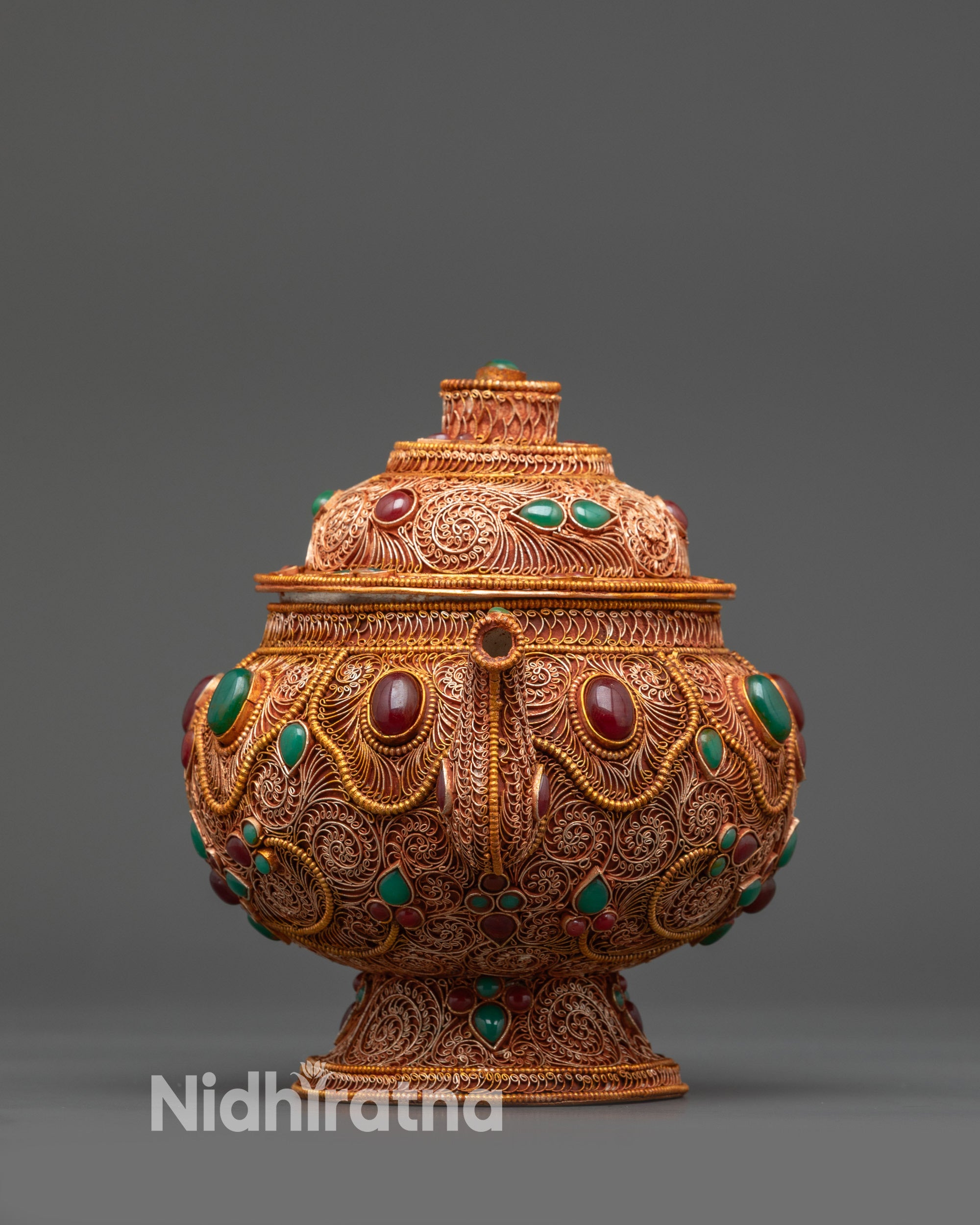 Front view Himalayan Tibetan Tea Pot in copper-gold filigree for traditional rituals