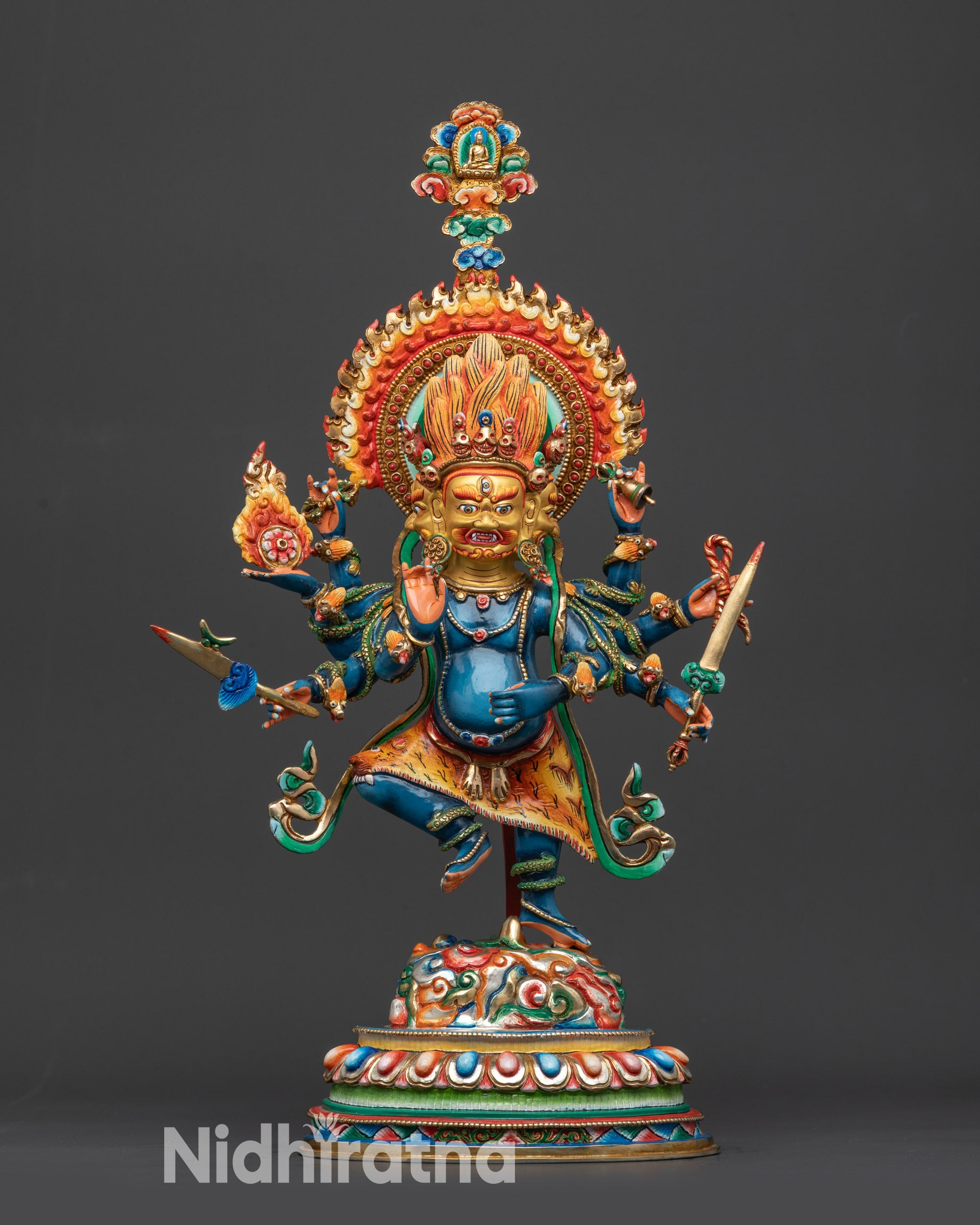 Front view Himalayan Ucchusma Statue with fierce faces and vibrant lotus pedestal
