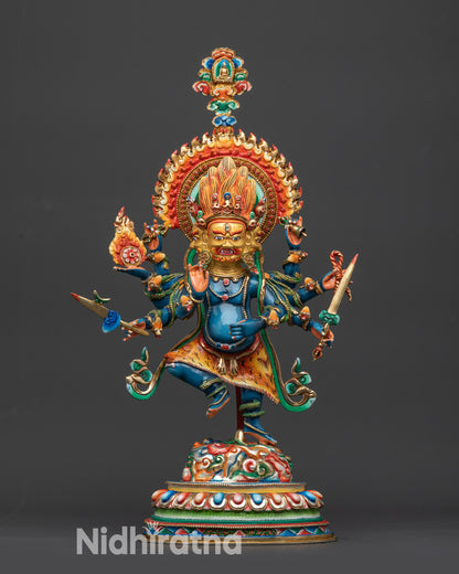 Front view Himalayan Ucchusma Statue with fierce faces and vibrant lotus pedestal
