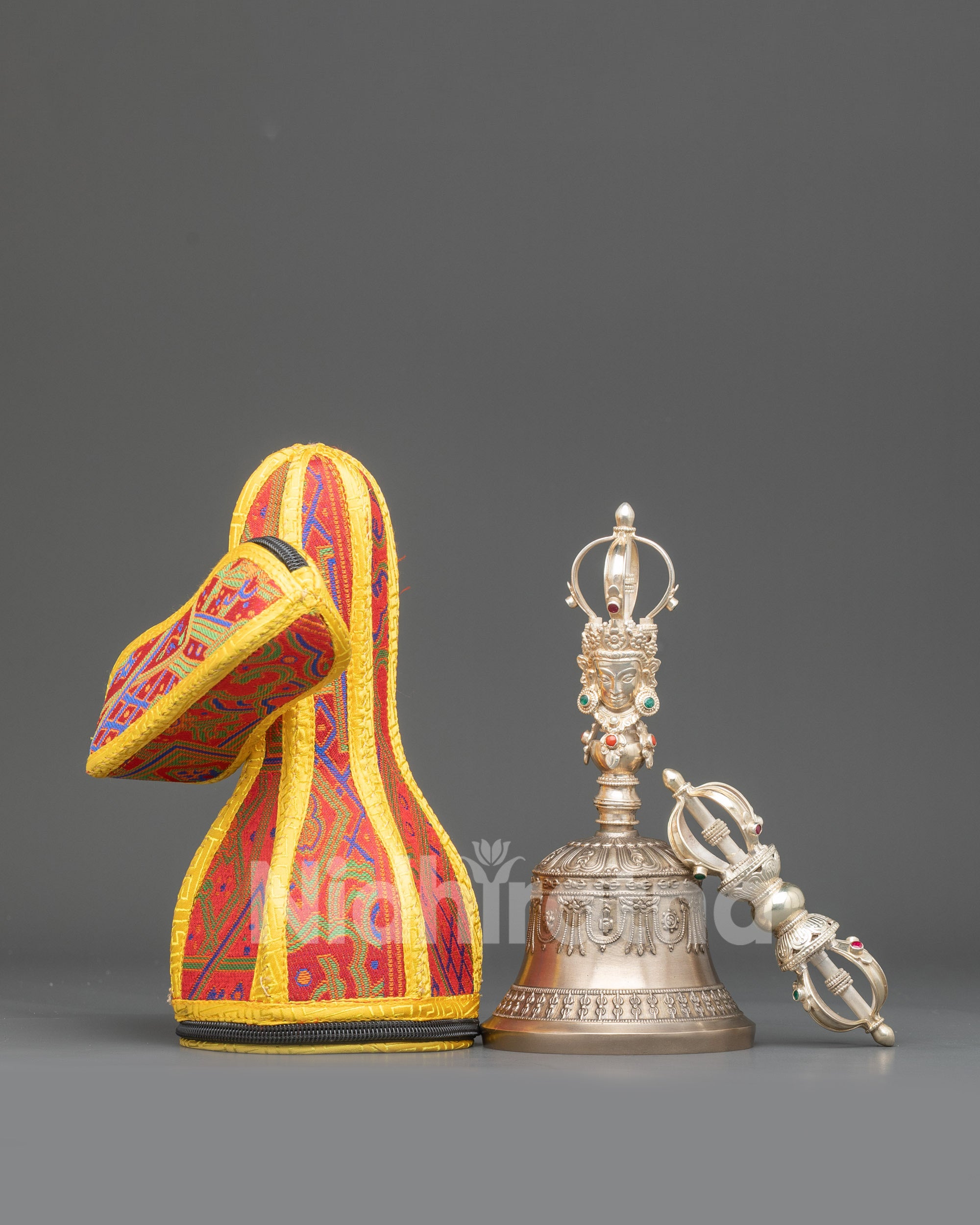 Front view Himalayan Vajra & Ghanta Set | Bronze bell, silver vajra for rituals