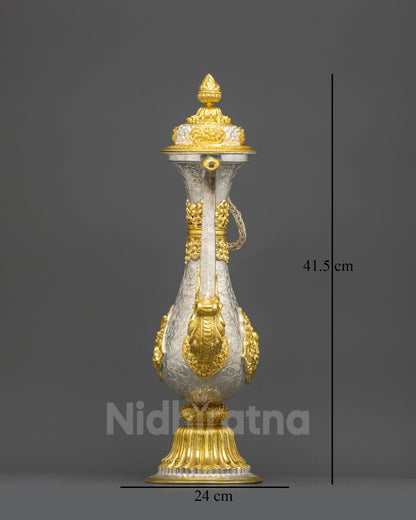 Front view Himalayan ritual tea pot with dragon handle gold silver plated copper