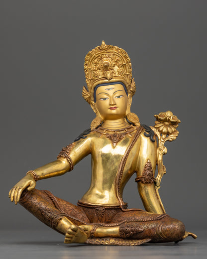 Front view Indra statue gold-gilded copper Nepalese Hindu deity regal form