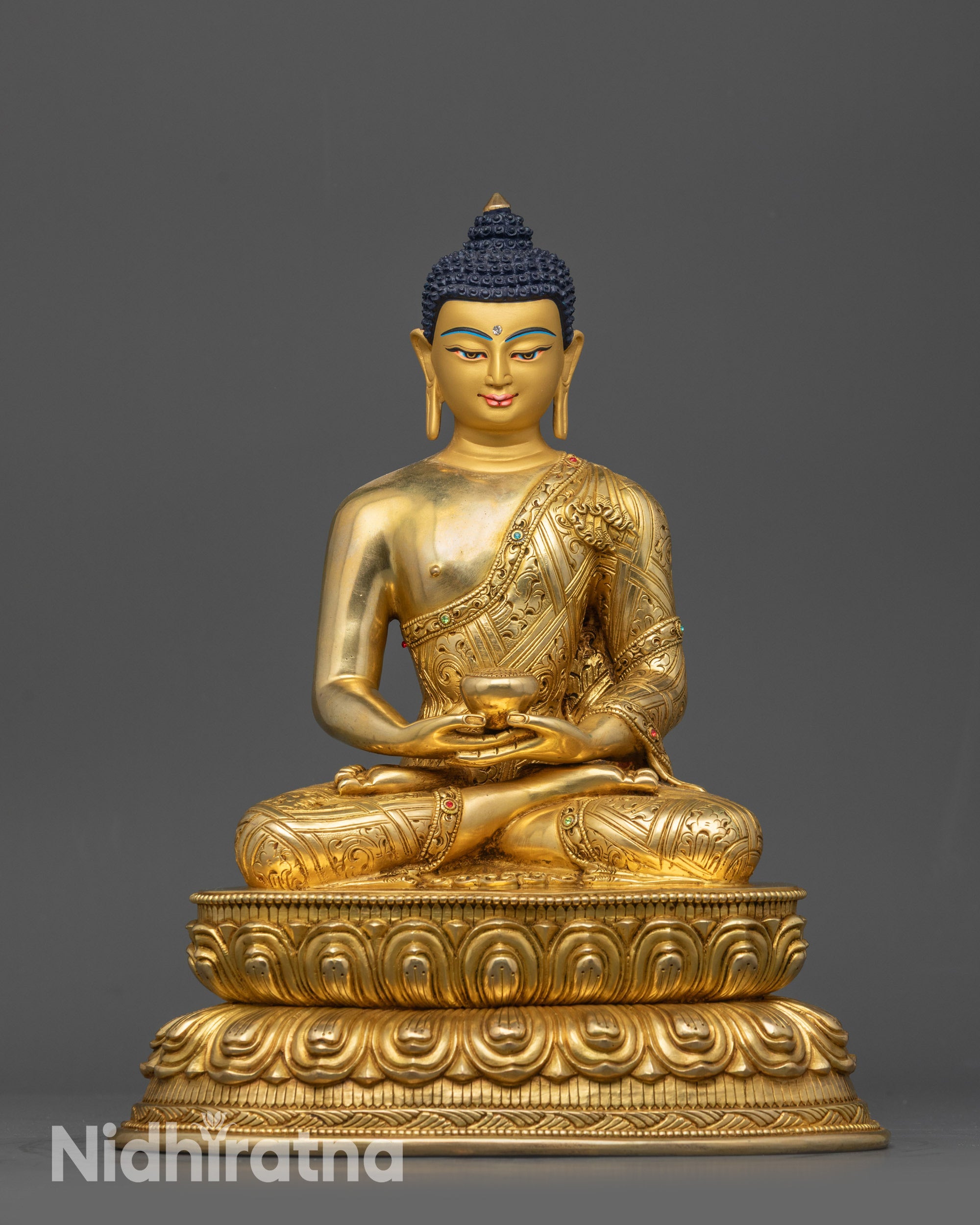 Front view Infinite Light Amitabha Buddha Statue on lotus seat with gold-gilded face
