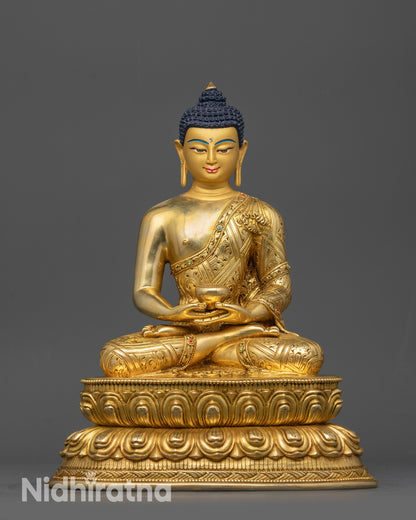 Front view Infinite Light Amitabha Buddha Statue on lotus seat with gold-gilded face
