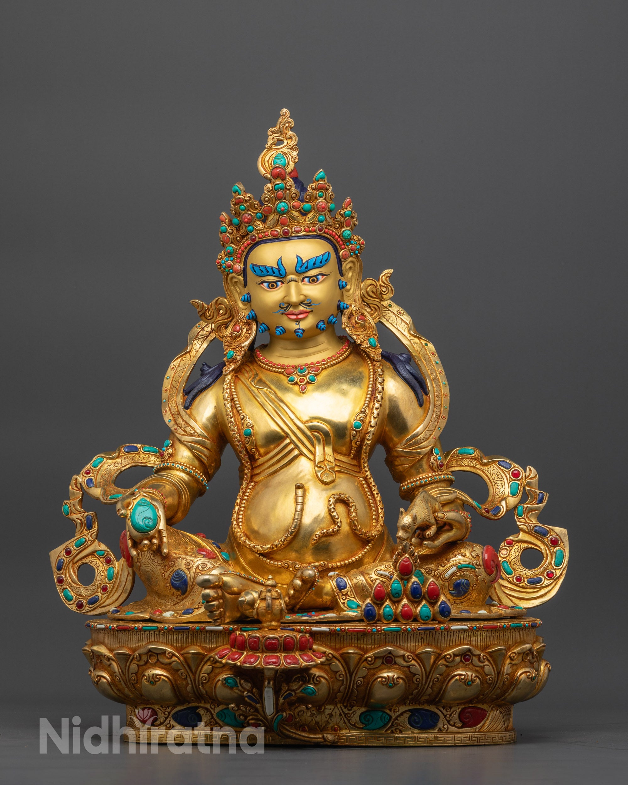 Front view Jambhala Statue with gold fire-gilded body and lotus seat