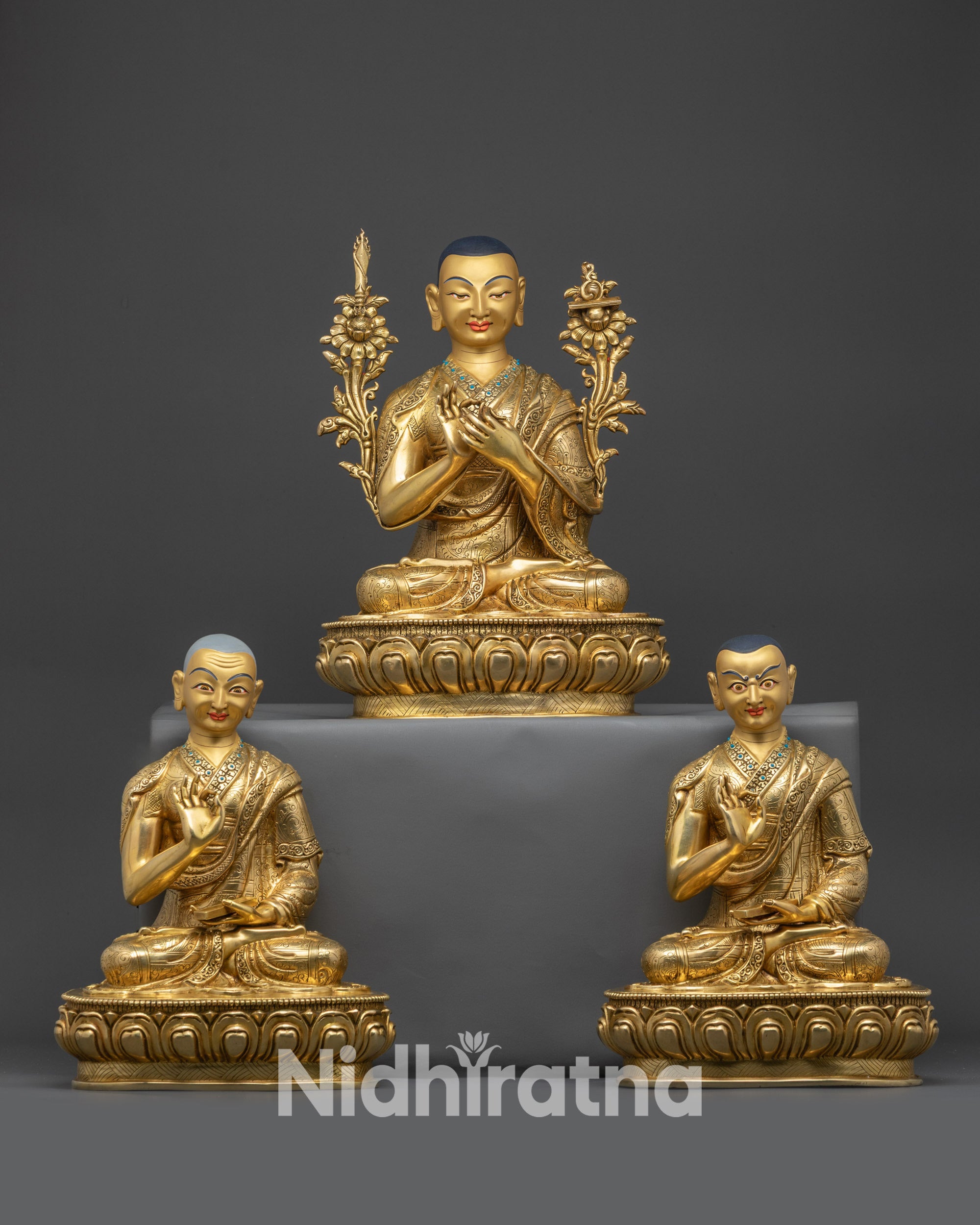 Front view Je Tsongkhapa Trio Statue Collection with Je Tsongkhapa & disciples