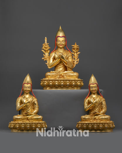 Front view Je Tsongkhapa and His Disciples Set on lotus thrones with gold-gilded faces
