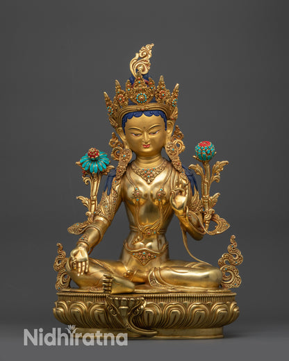 Front view Jetsun Drolma Statue with Varada Mudra and lotus, handcrafted in Nepal