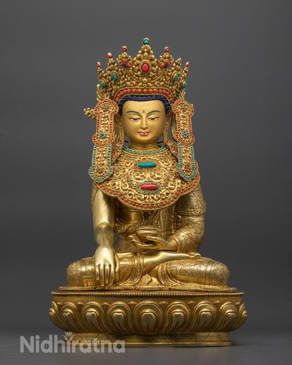 Front view Jowo Rinpoche Buddha Statue with lotus pedestal and gold-fire gilded base
