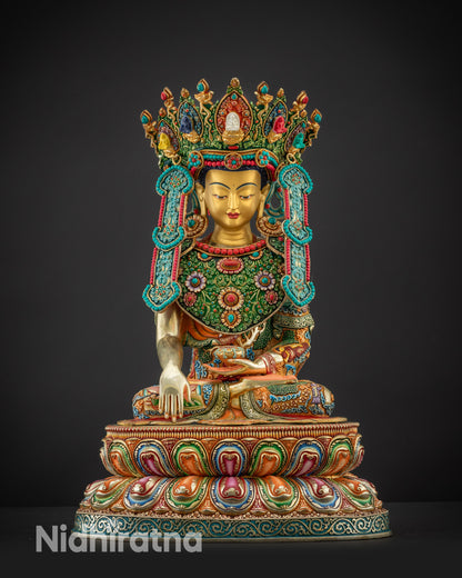 Front view Jowo Rinpoche Shakyamuni statue with gold-gilded face and jeweeled crown
