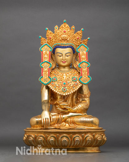 Front view Jowo Rinpoche statue copper with gold fire-gilding and hand-painted face