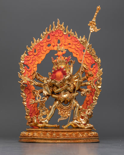 Front view Kalachakra and Consort Statue on lotus seat with halo and flames