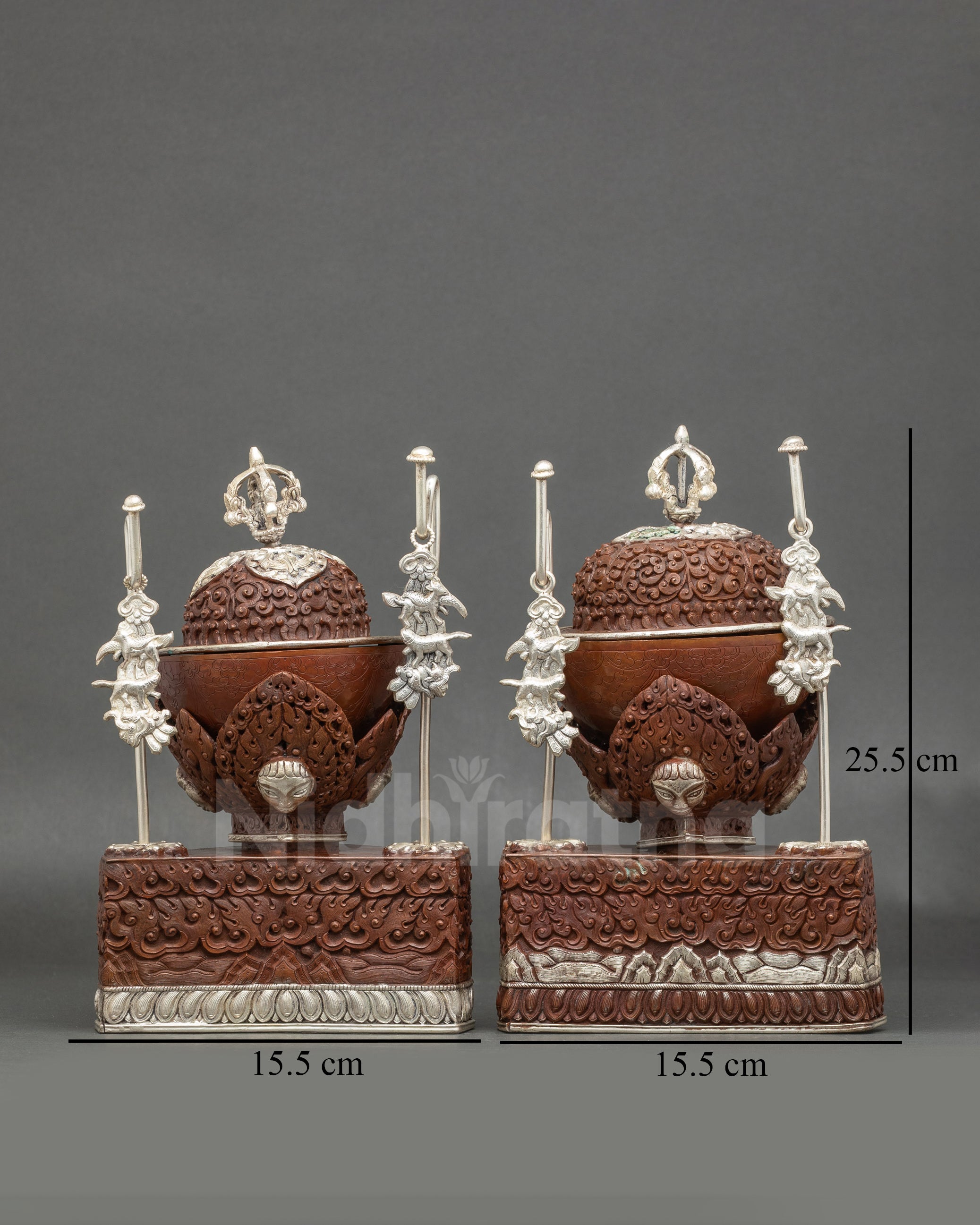 Front view Kapala set, handcrafted copper ritual cups with silver plating, hand-painted Vajrayana motifs