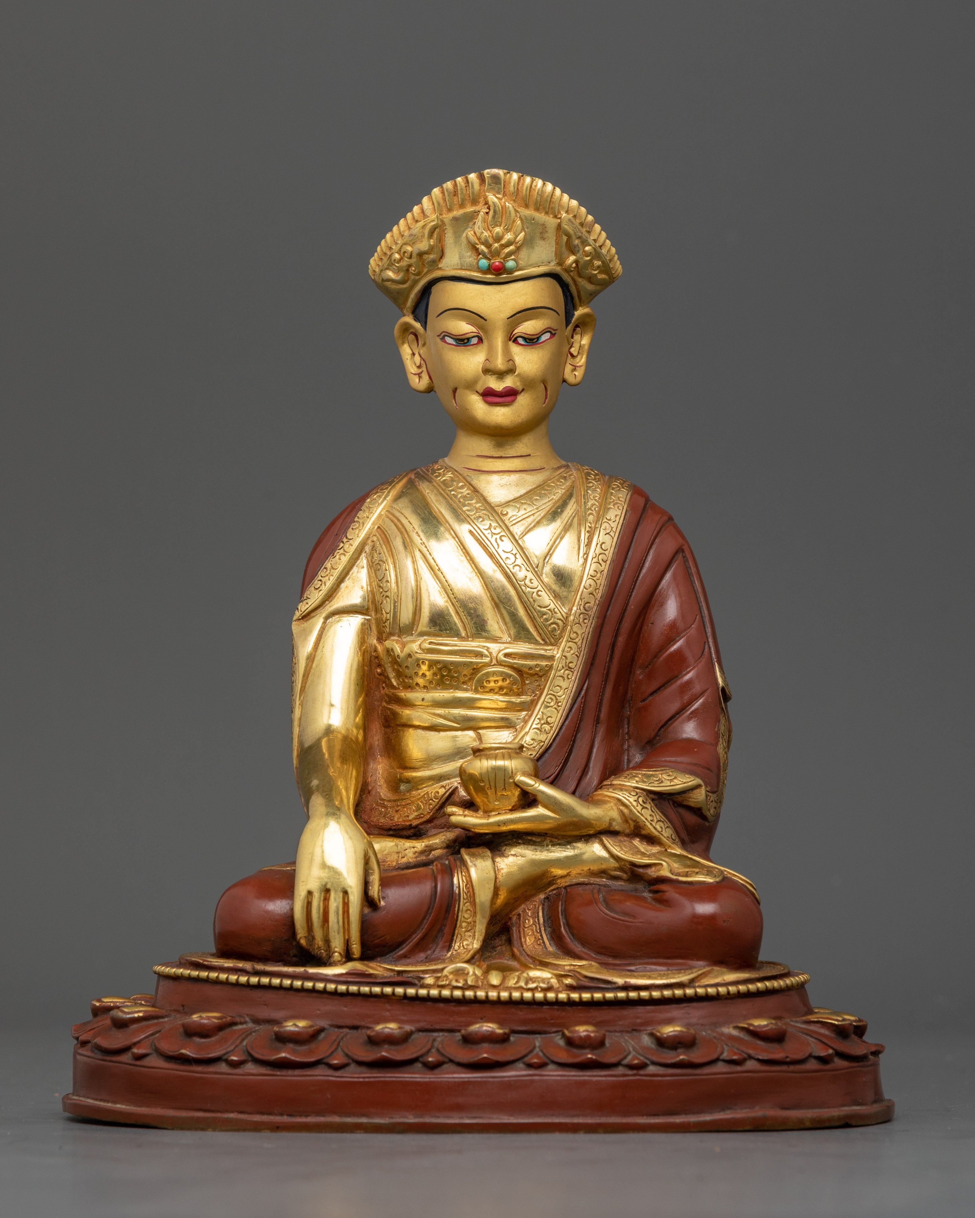 Front view Karmapa statue gold-gilded copper Nepalese Buddhist master seated lotus throne