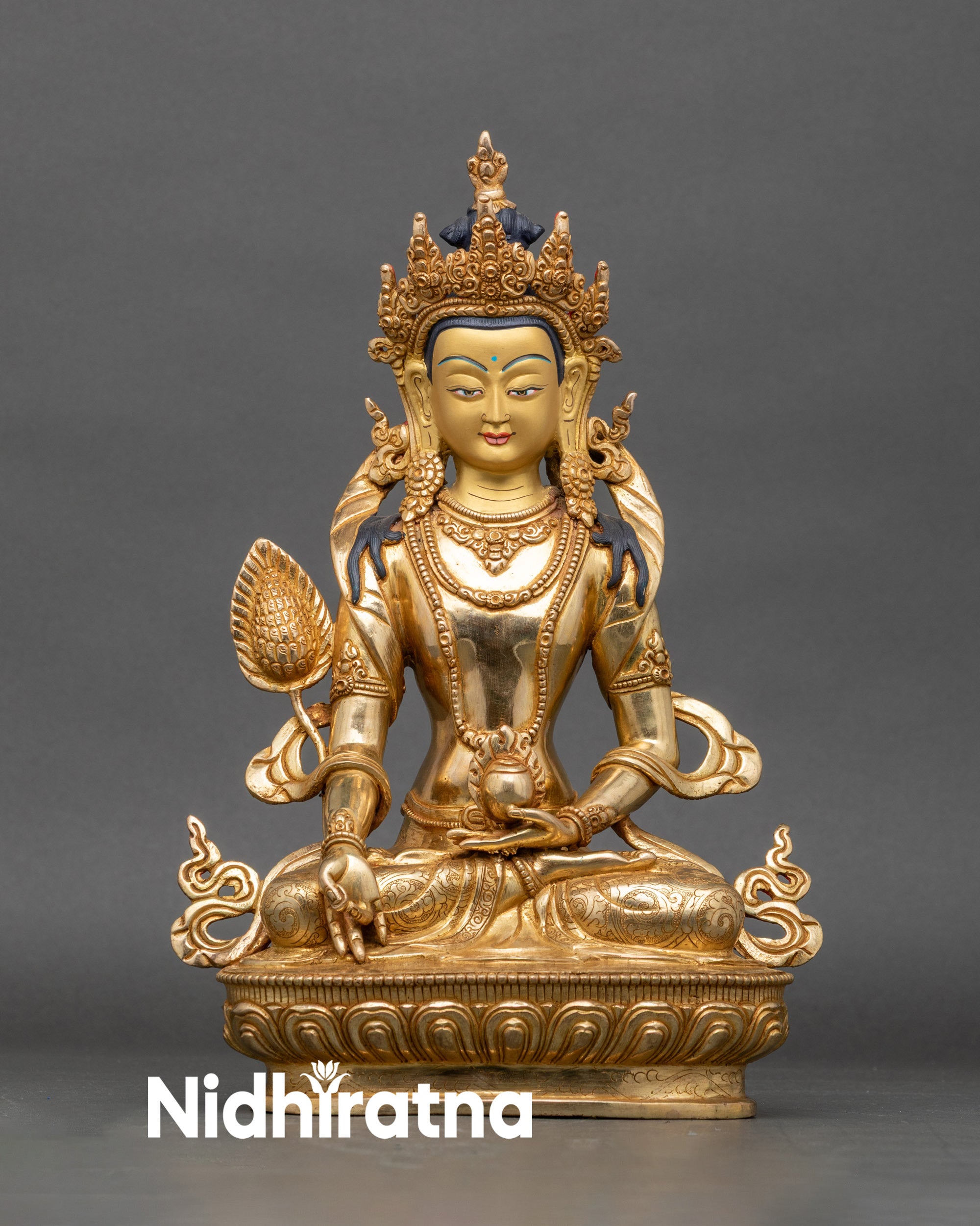 Front view Kshitigarbha statue lotus base gold-gilded copper Himalayan sculpture